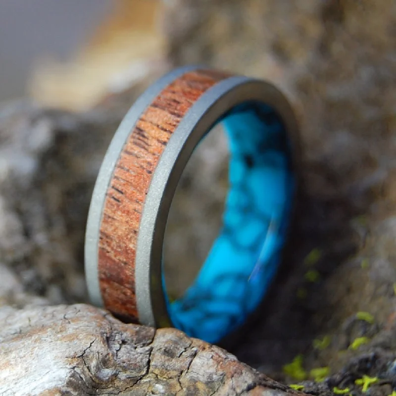 luxury gemstone rings -Koa On A Flat Sea | Men's Turquoise, Koa Wood & Titanium Wedding Ring