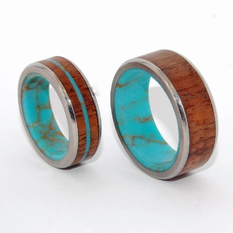 wedding anniversary rings -Let There Be | Turquoise Stone, Hawaiian Koa Wood & Titanium - Unique Wedding Ring Set