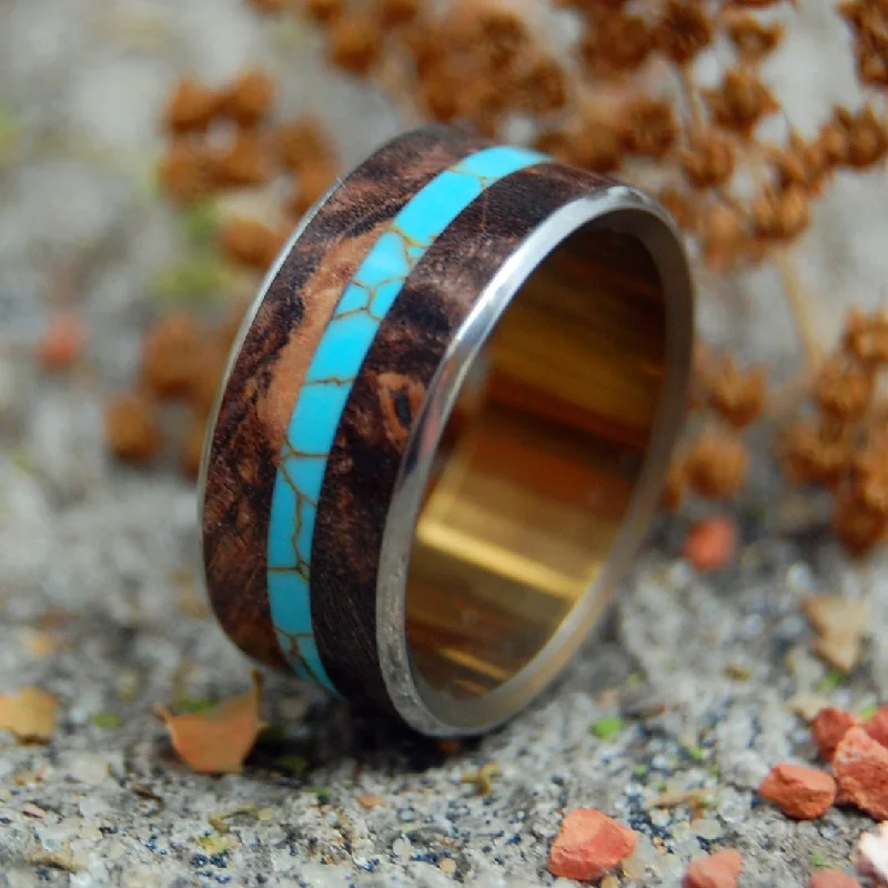 wedding rings for women -The Stonecutter | Men's Spalted Maple Wood, Turquoise & Titanium Wedding Ring