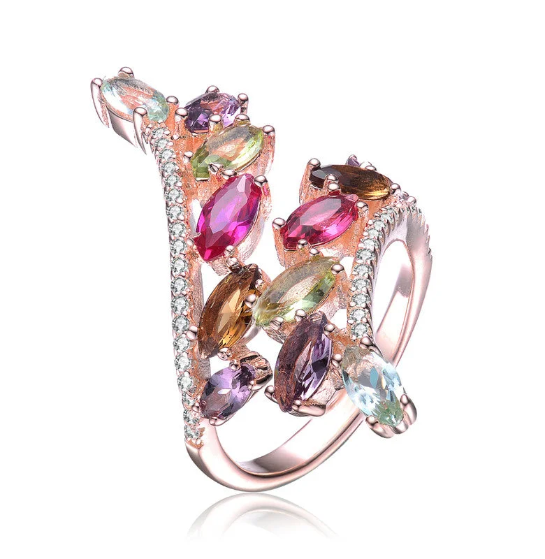 exquisite engagement rings -GENEVIVE Sterling Silver Rose Gold Plated Multi Colored Cubic Zirconia Coctail Ring