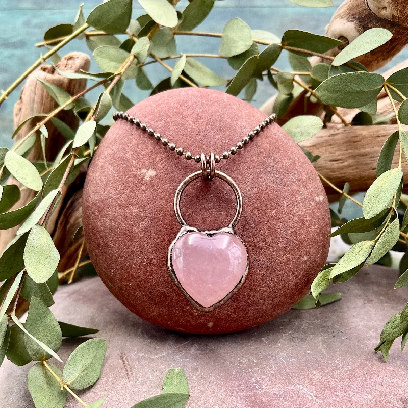 gemstone teardrop necklaces -Rose Quartz Heart Necklace - Bronze