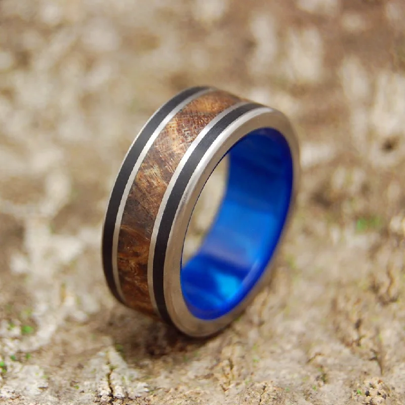 women’s ruby rings -Dream King | Men's Dark Maple Wood, Black Onyx, Blue Marbled Opalescent Resin & Titanium Wedding Ring