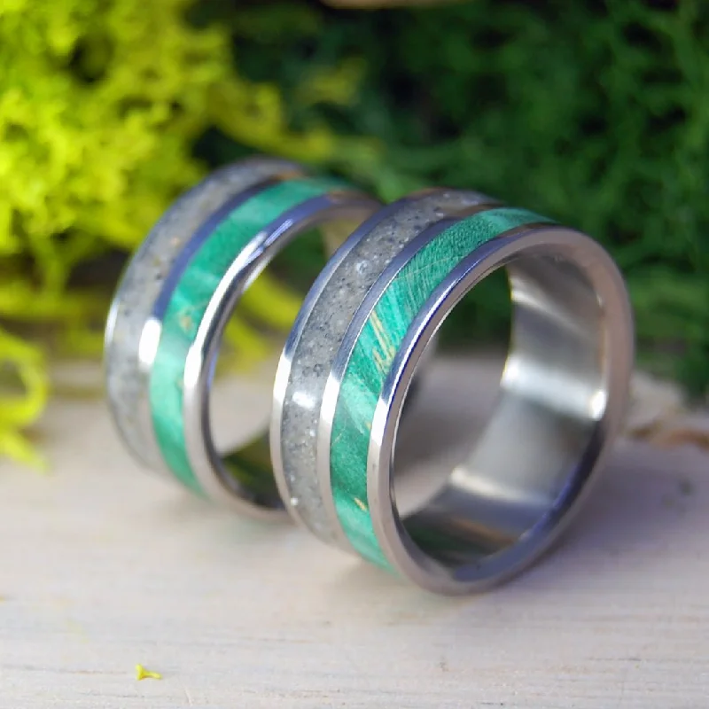 affordable wedding rings -Race Point | Beach Sand And Wood Ring - Titanium Wedding Ring Set