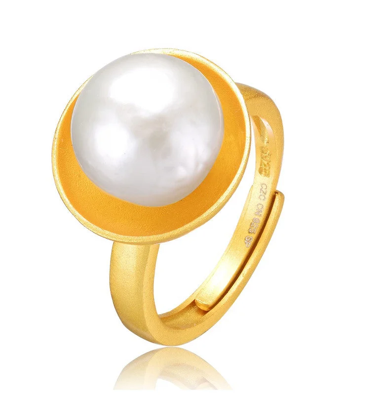 affordable diamond engagement rings -Sterling Silver 14k Gold Plated with Genuine Freshwater Pearl Adjustable Ring