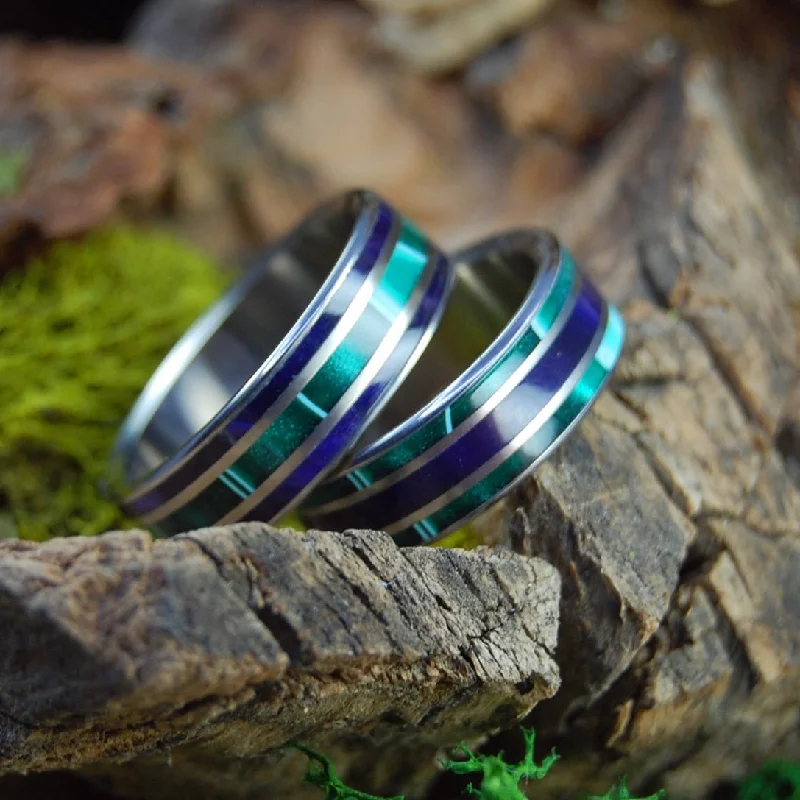 stackable rings for women -Green Shadows And Purple Pleasures | Aquatic Green And Purple Marbled Opalescent - Titanium Wedding Ring Set