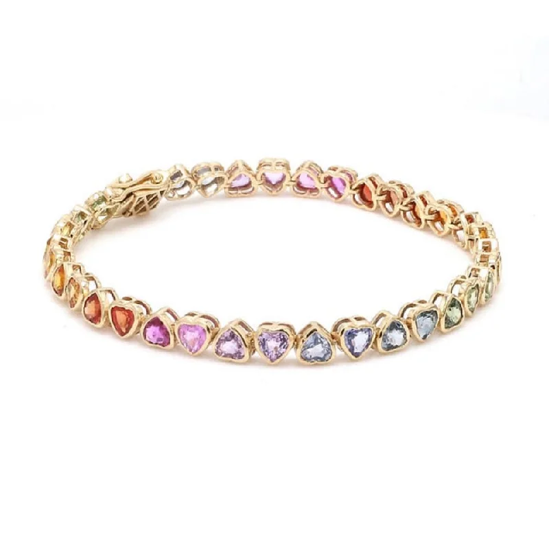 colorful gemstone bangles -Solid Gold Multi Rainbow Heart Sapphire Tennis Bracelet