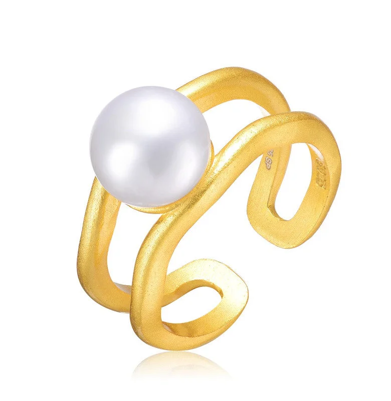 round cut engagement rings -Sterling Silver 14k Gold Plated with Genuine Freshwater Pearl Solitaire Open Ring