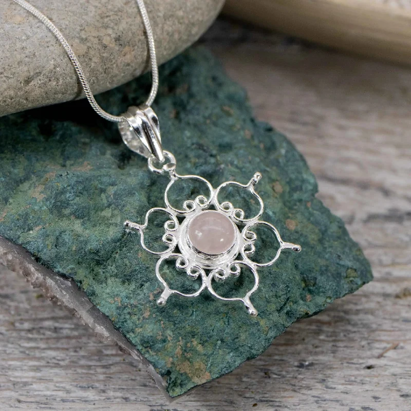 engraved necklaces for gifts -Rose Quartz Lotus Necklace - Sterling Silver