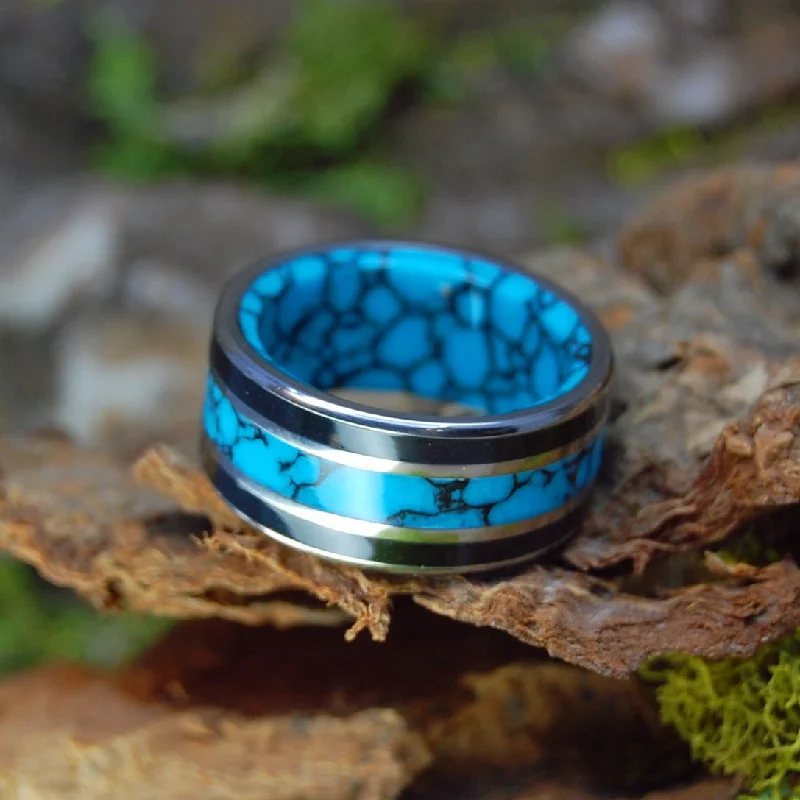 trendy stackable rings -Always Reign | Men's Turquoise, Onyx & Titanium Wedding Ring