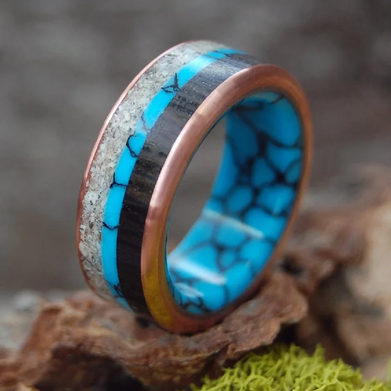 wedding anniversary rings -Colors Of Okinawa | Men's Turquoise, Okinawa Beach Sand, Bog Oak & Copper Wedding Ring