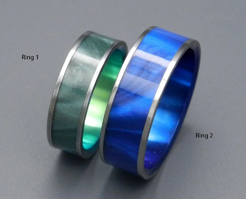 trendy stackable rings -Midnight & Sea Moss | Men's Blue & Green Marbled Opalescent Resin & Titanium Wedding Ring