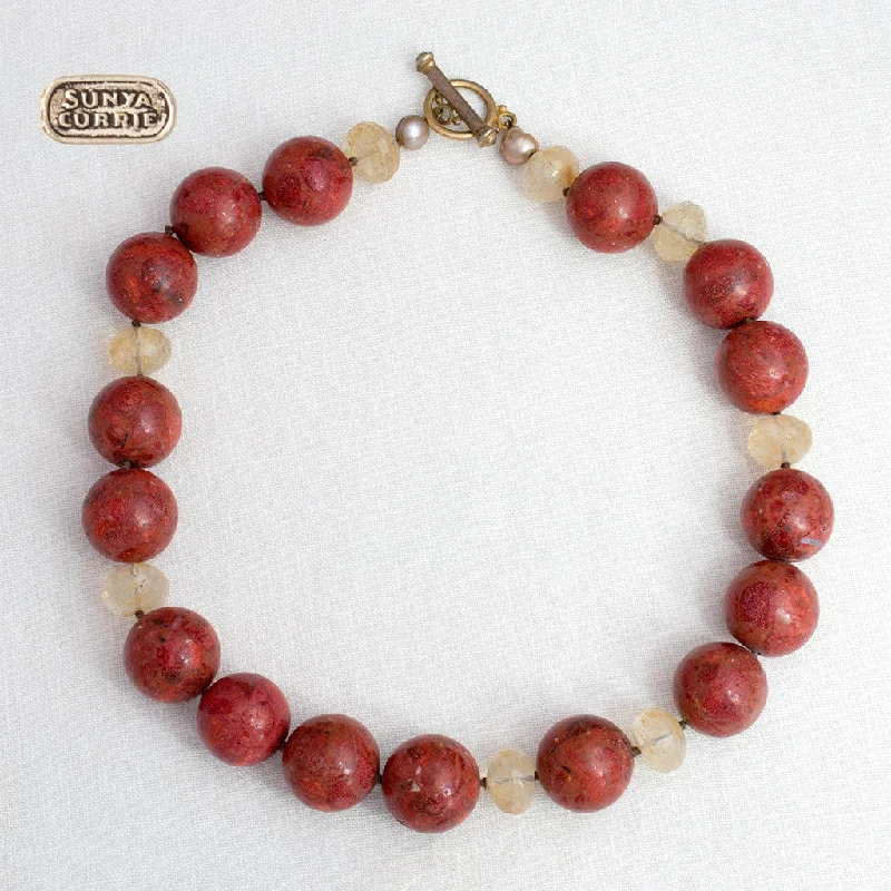 trendy gemstone necklaces for women -Apple Coral, Citrine and Pearl Choker