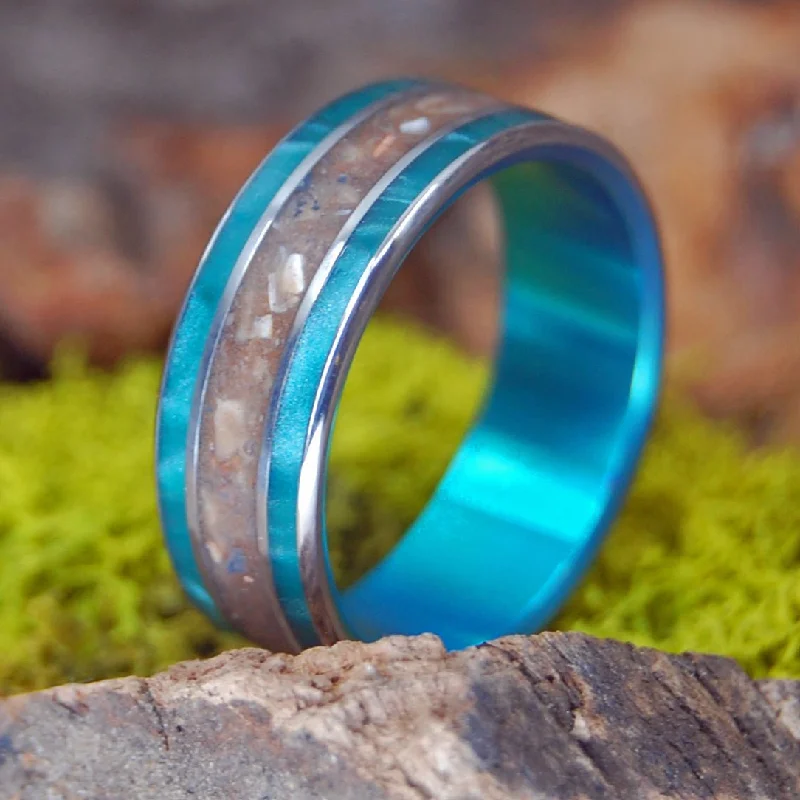 cocktail rings for weddings -Turquoise Sea Of Galilee | Men's Antique Green Resin, Crushed Israel Stone & Titanium Wedding Ring