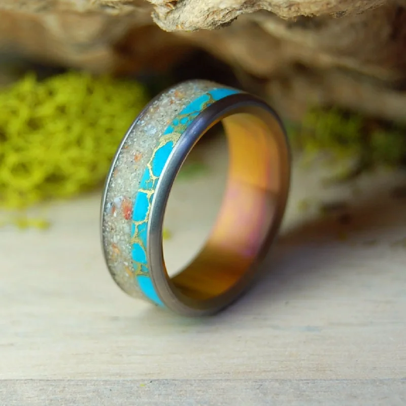 unique rings for women -Culebrita Puerto Rico Sunset | Men's Tibetan Turquoise, Beach Sand & Titanium Wedding Ring