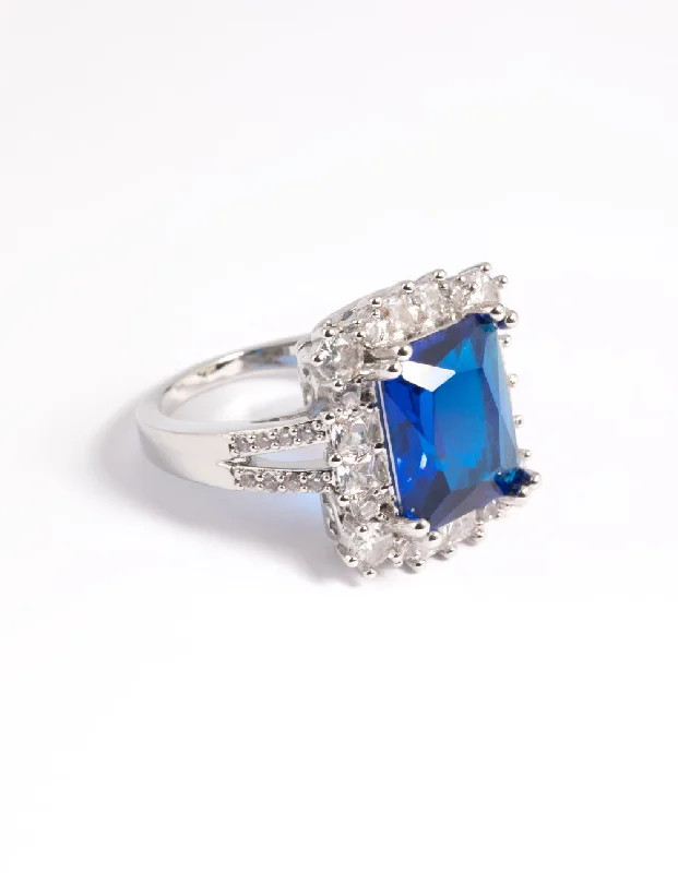 custom fit engagement rings -Rhodium Cubic Zirconia Blue Asscher Ring