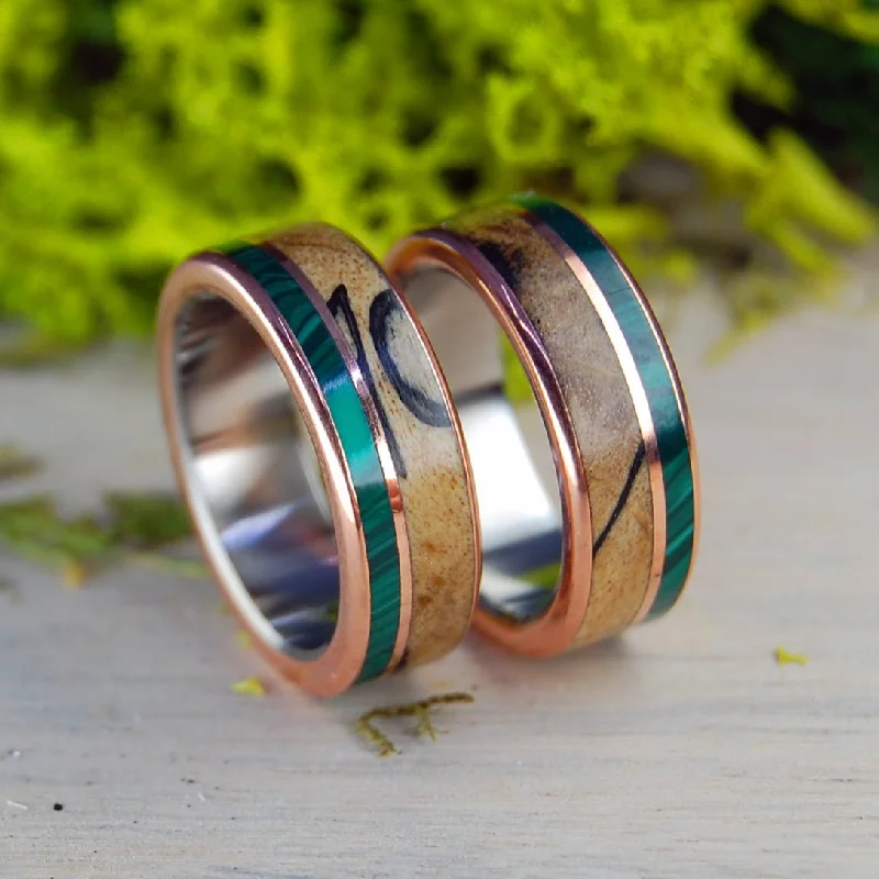 fine gold rings for women -Copper Light | Spalted Maple & Malachite Stone - Titanium Wedding Ring Set