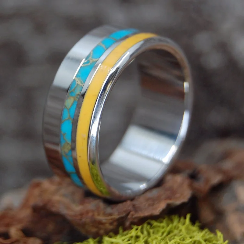 rings for special occasions -Tibetan Sunrise | Men's Yellow Jasper, Tibetan Turquoise & Inox Steel Wedding Ring