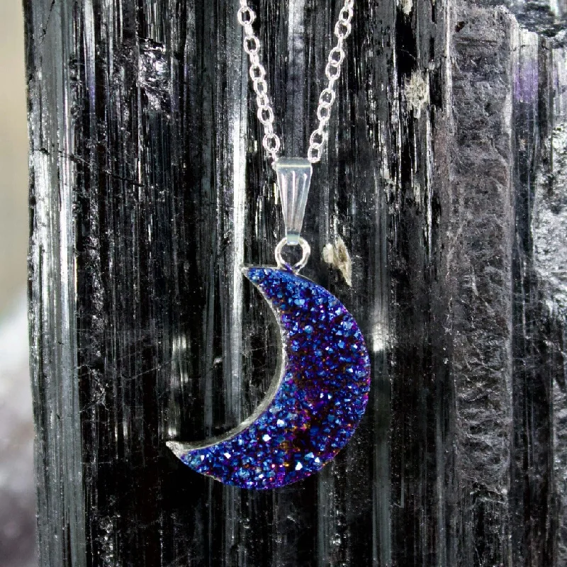 vintage charm necklaces -Blue Druzy Moon Necklace