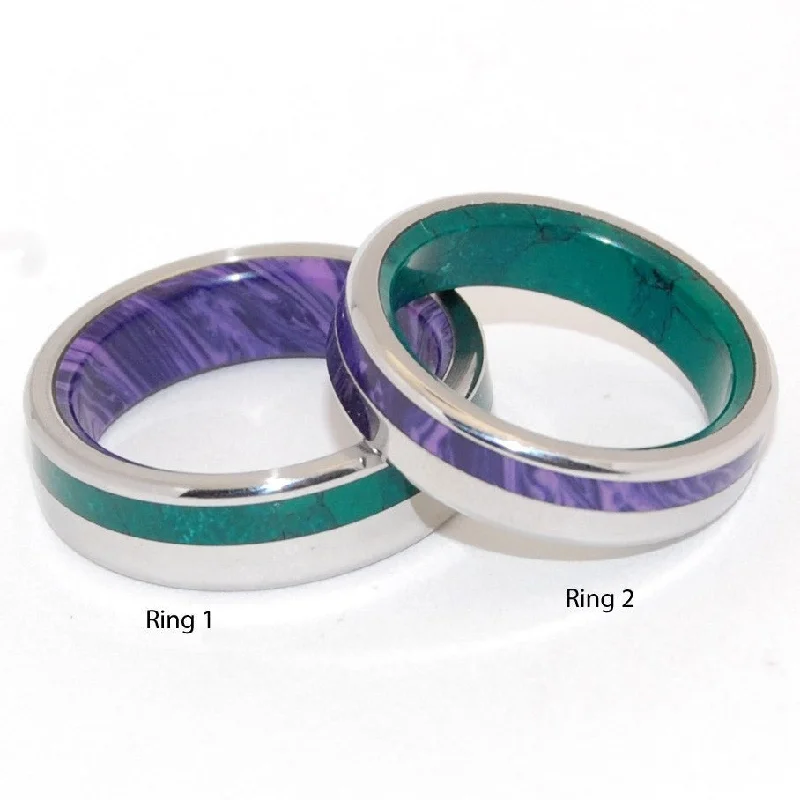 handmade wedding rings -Purple Isle & Green Mountain | Jade Stone Charoite Stone & Titanium - Unique Wedding Ring Set