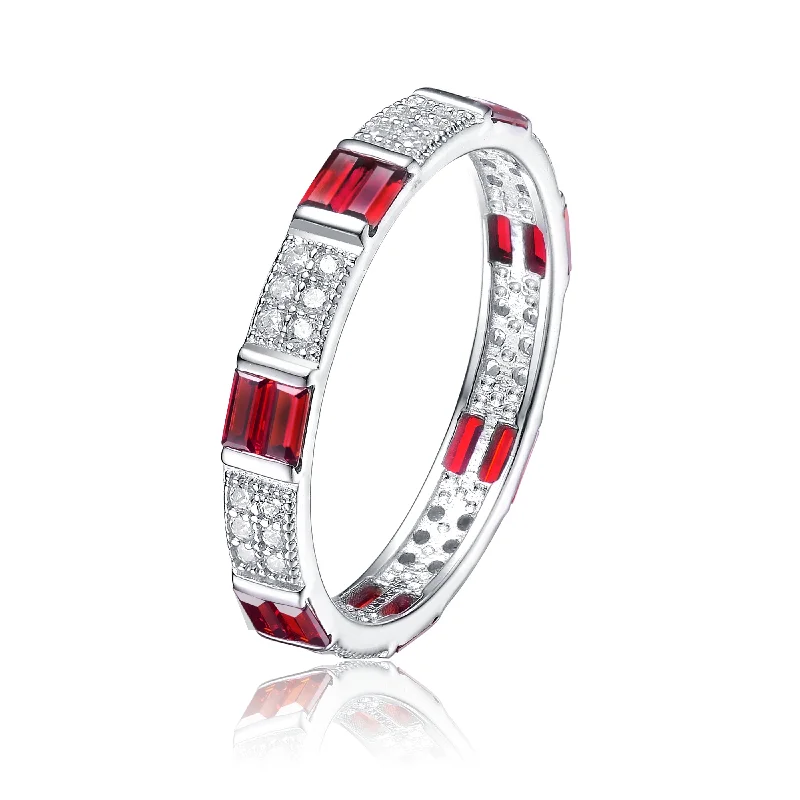 simple engagement rings -Ga Sterling Silver White Gold Plated With Ruby Baguette & Round Diamond Cubic Zirconia Eternity Wedding Band Stacking Ring