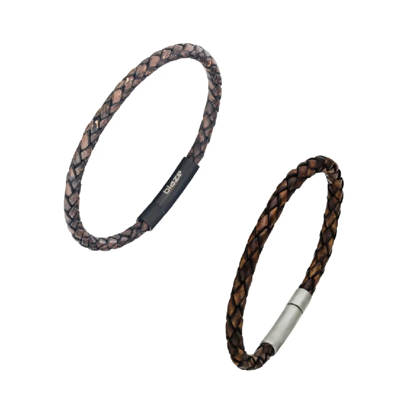 sterling silver bangles -Leather & Stainless Steel Men's Bracelet - Thin Brown Braid Various