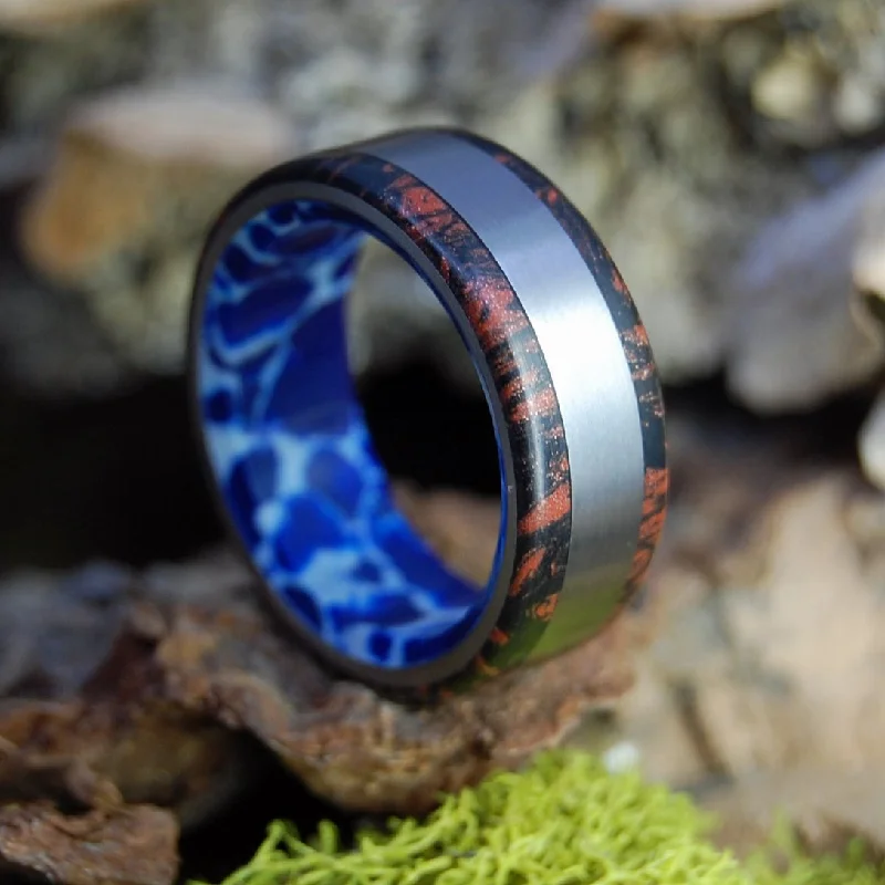 fashion rings with stones -Japanese With Cobalt | Men's Cobalt Stone, Black Red Mokume Gane & Titanium Wedding Ring