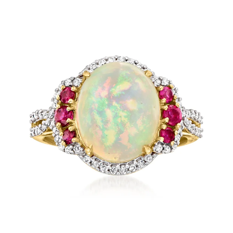 eco-friendly vintage engagement rings -Ross-Simons Ethiopian Opal and Ruby Ring With . Diamonds in 14kt Yellow Gold