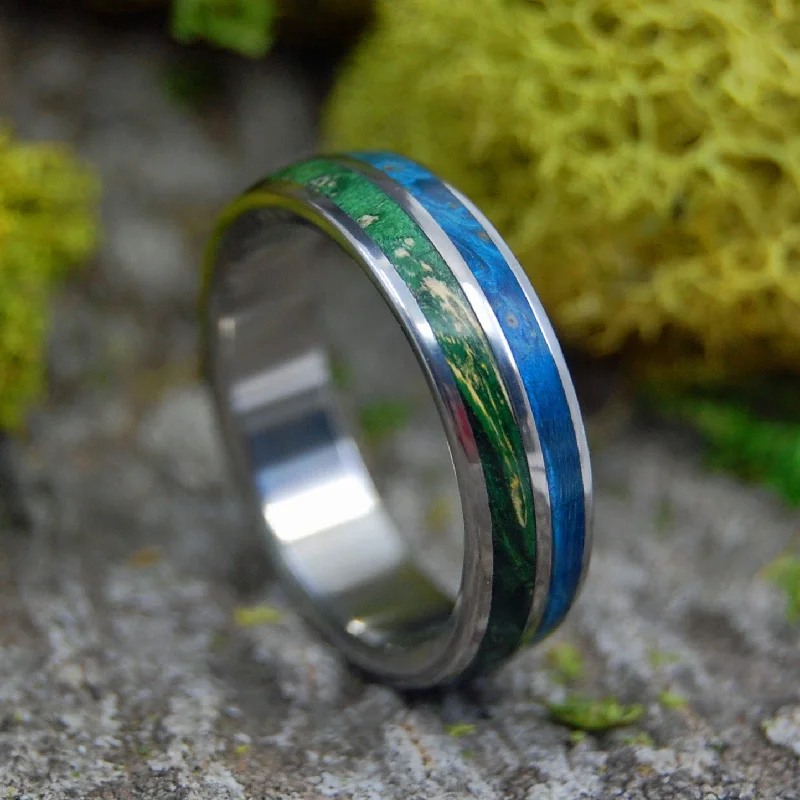 engagement rings for women -Together True | Men's Blue & Green Box Elder Wood & Titanium Wedding Ring