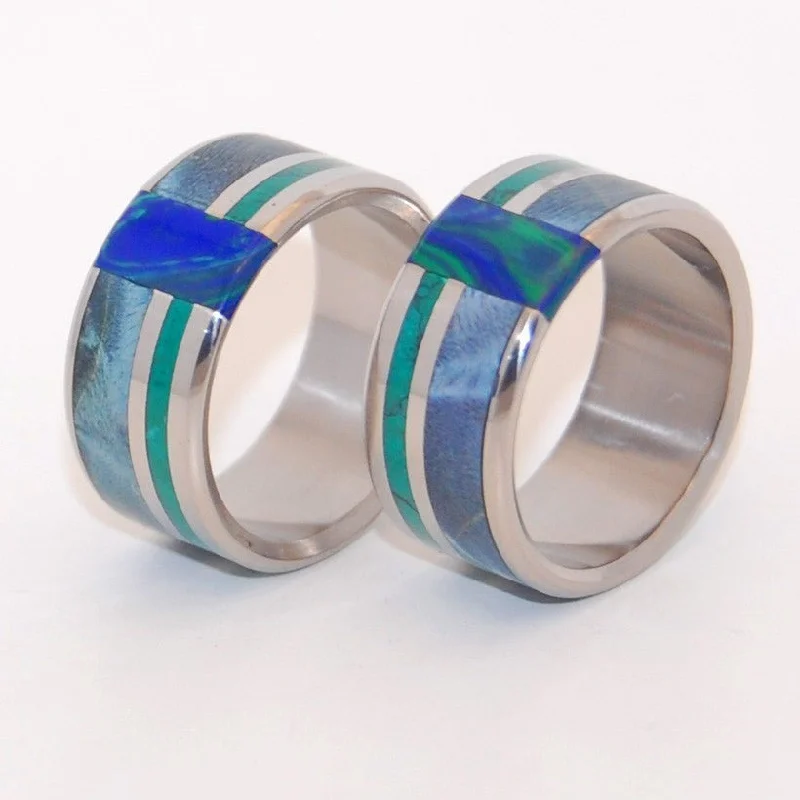 elegant ring designs for women -Peacock | Blue Box Elder Wood, Jade Stone, Azurite Malachite Stone - Wooden Wedding Ring Set