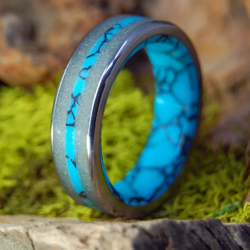 women rings -Nubble Lighthouse York, Maine | Men's Beach Sand, Turquoise & Titanium Wedding Ring