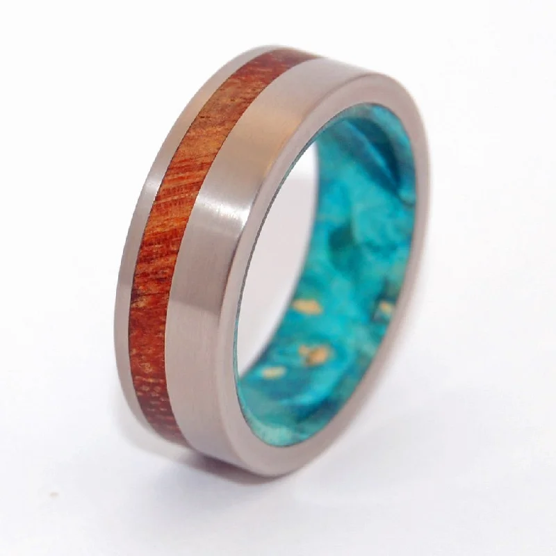 fashion rings with stones -Further Than Stars | Men's Hawaiian Koa Wood, Turquoise Box Elder & Titanium Wedding Ring