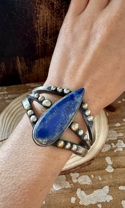 women’s statement bracelets -SANDCAST TEARDROP LAPIS LAZULI Cuff 82g