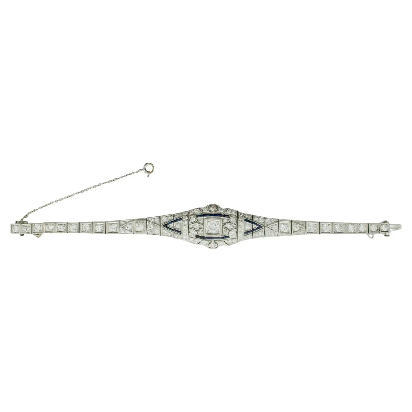 matching bracelets for couples -Petite Extreme Art Deco Platinum Diamond and Synthetic Sapphire Bracelet C.1920