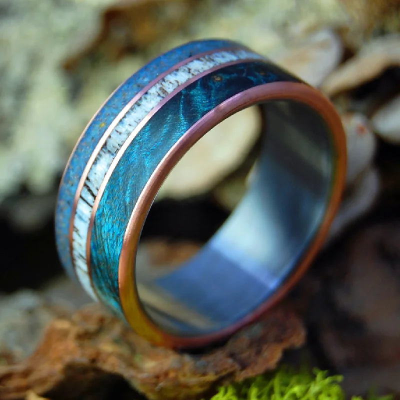 elegant rings for women -God Loves The Caribou | Men's Blue Maple Wood, Caribou Antler, Lake Superior Beach Sand, Copper & Titanium Wedding Ring