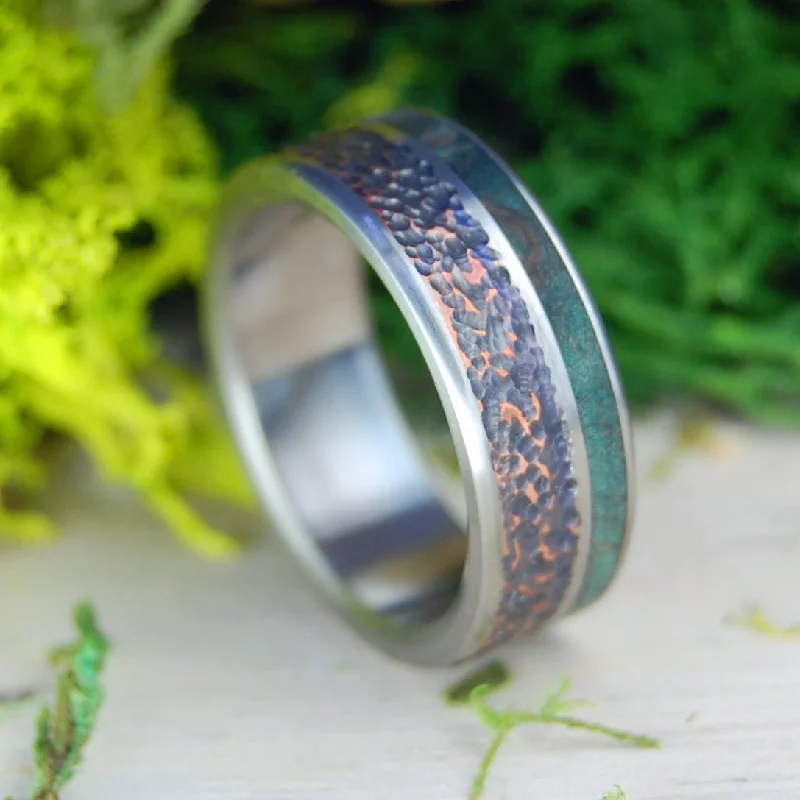 trendy silver rings -Green Maple Replenish | Men's Beaten Copper, Green Maple Wood & Titanium Wedding Ring