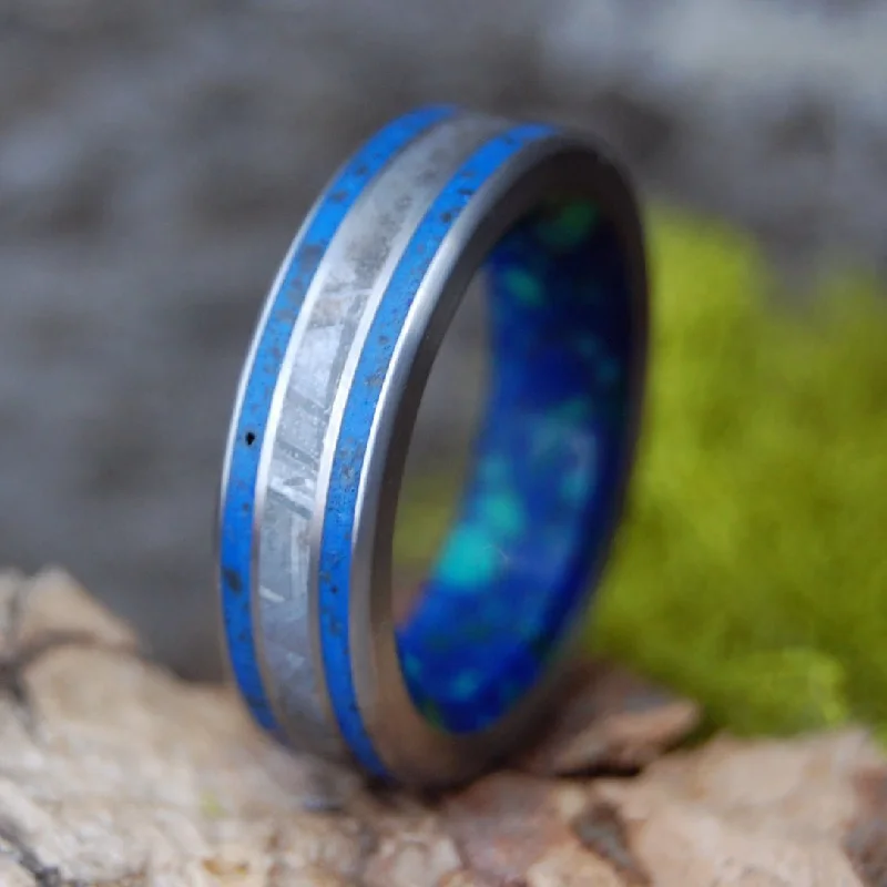 trendy rings for women -Meteorite Hits Beach | Men's Meteorite, Blue Beach Sand, Azurite Stone & Titanium Wedding Ring