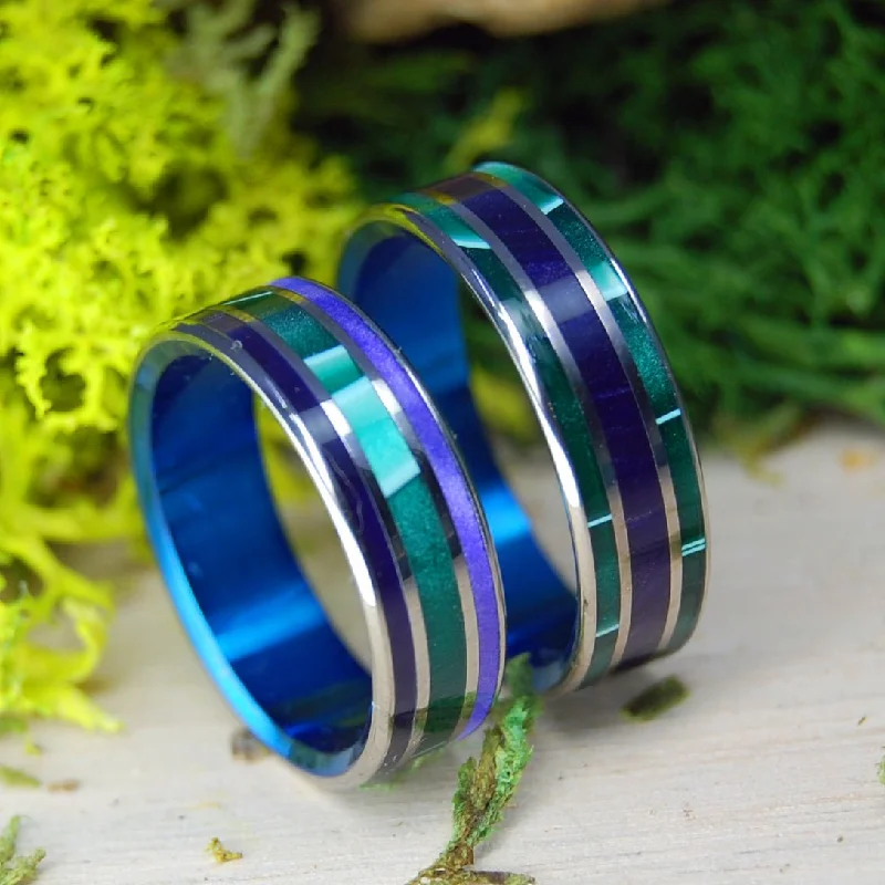 elegant gold rings -Green Shadows And Purple Pleasures With Blue | Aquatic Green And Purple Marbled Opalescent - Titanium Wedding Ring Set