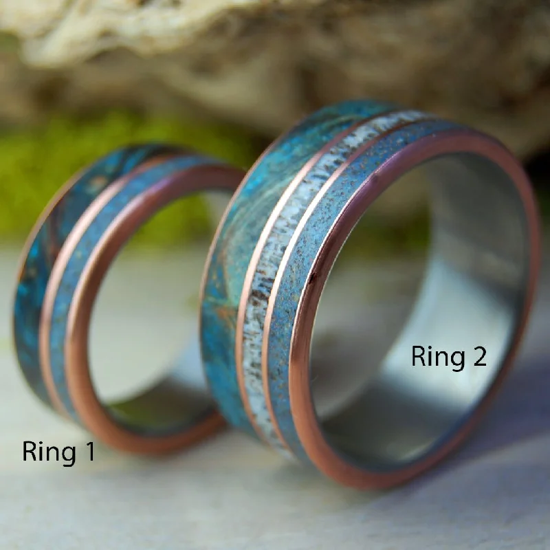 beautiful diamond rings -God Loves The Caribou Of Lake Superior | Caribou Antler, Lake Superior Beach Sand, Copper, Blue Maple Wood - Titanium Wedding Ring Set