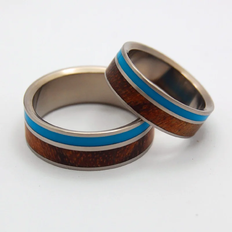 personalized wedding rings -Wooded Cove | Turquoise Resin & Hawaiian Koa - Wooden Matching Titanium Wedding Ring Set