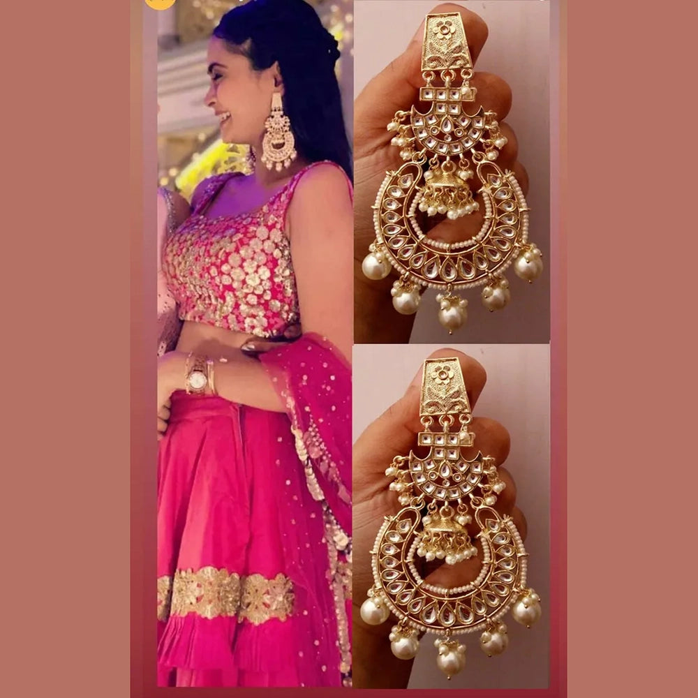 trendy ear jackets -Gehana Mahal Gold Plated Kundan And Pearl Dangler Earrings