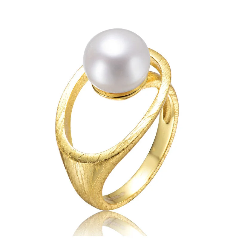 engagement rings with blue diamonds -Sterling Silver 14K Gold Plated with Genuine Freshwater Round Pearl Contemporary Ring