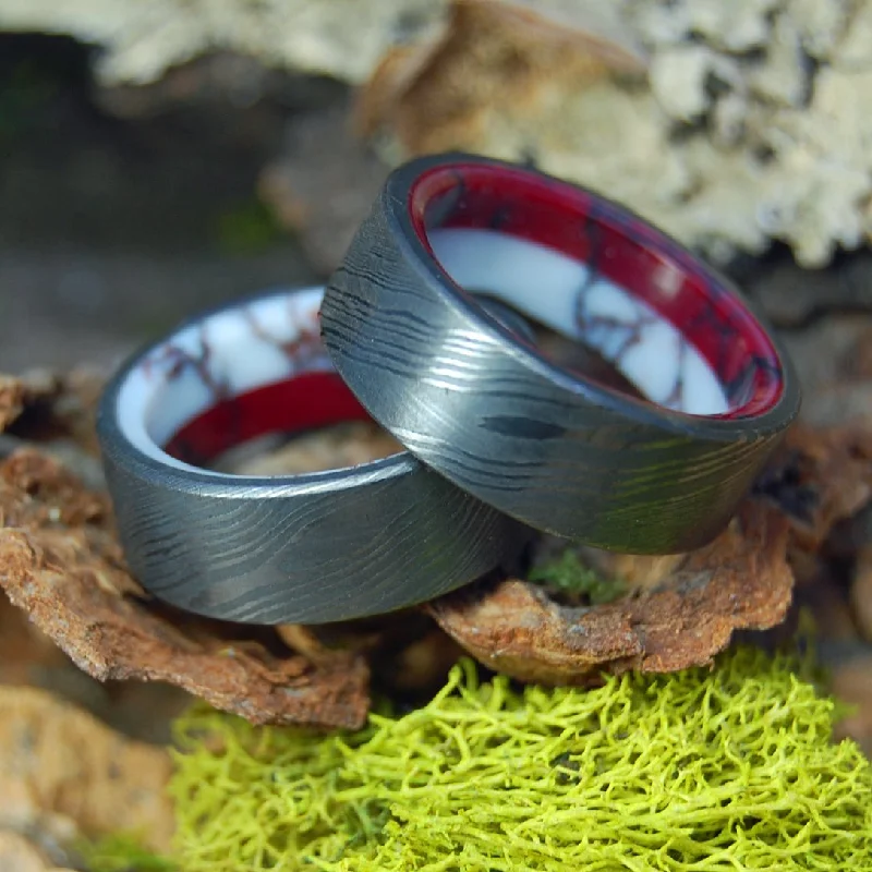 affordable luxury rings -Double Stone Damascus | Damascus Steel With Wild Horse Jasper And Bloody Basin Jasper - Unique Ring