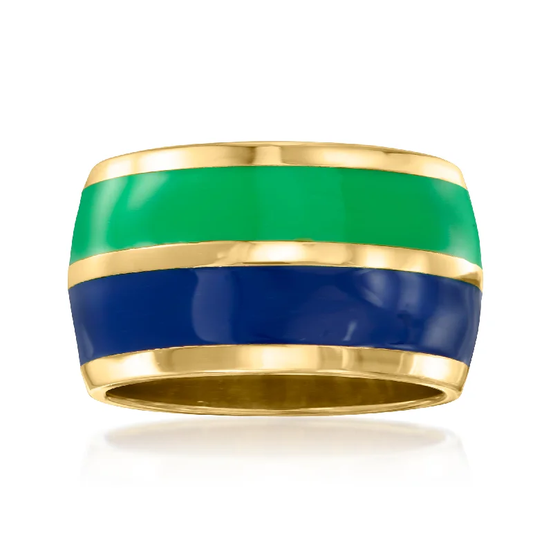 budget-friendly engagement rings -Ross-Simons Italian Blue and Green Enamel Striped Ring in 18kt Gold Over Sterling