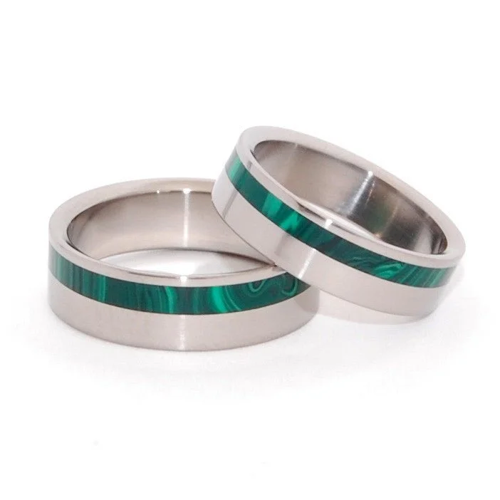 luxury gemstone rings -Hummingbird | Malachite Stone & Titanium - Unique Wedding Ring Set