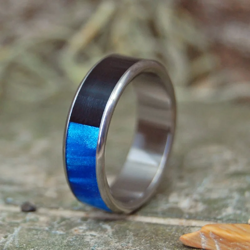 silver engagement rings for women -Ying Meets Yang | Men's Black Onyx Stone, Blue Marbled Opalescent Resin & Titanium Wedding Ring