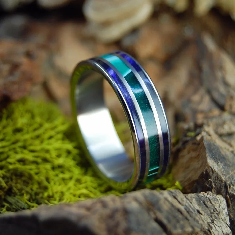 trendy stackable rings -Green Shadows | Men's Aquatic Green Resin, Purple Marbled Opalescent & Titanium Wedding Ring