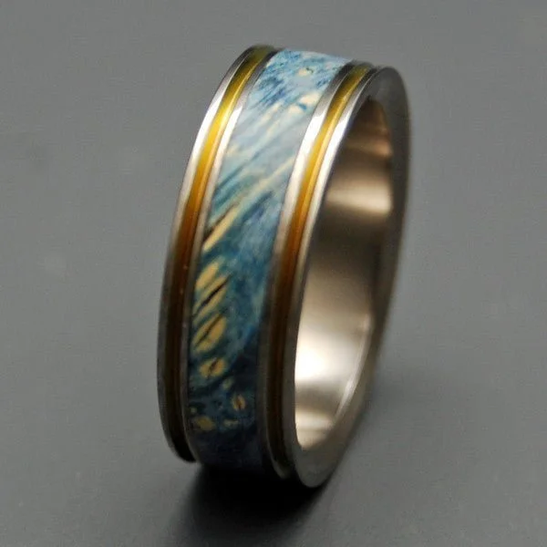 stackable gemstone rings -True Partner | Men's Blue Box Elder Wood & Titanium Wedding Ring