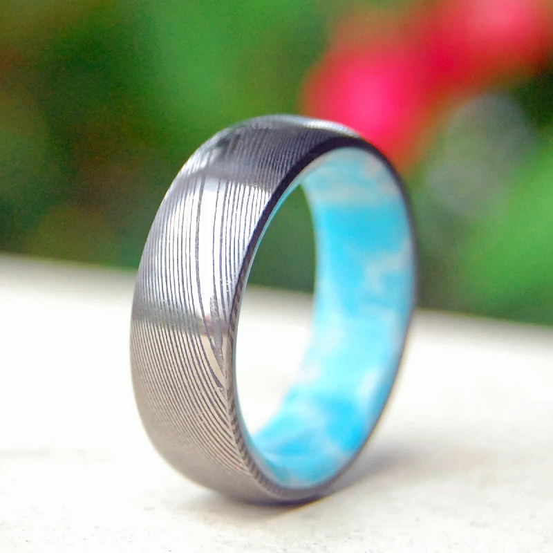 fashion rings with stones -Sunny Day | Men's Damascus Steel, Damasteel & Larimar Stone Wedding Ring