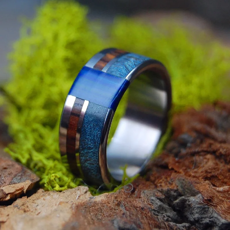 vintage rings for women -Blue Me Away | Men's Blue Box Elder Wood, Cocobolo Wood & Titanium Engagement Ring