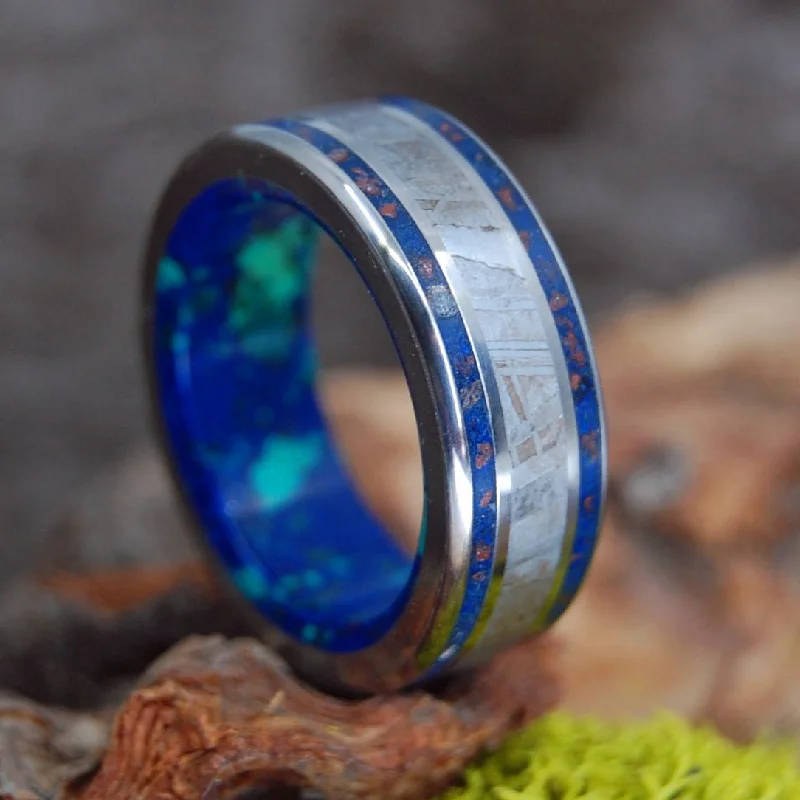 wedding rings for men and women -Meteorite Hits Utah | Men's Meteorite, Utah Earth, Azurite Stone & Titanium Wedding Ring